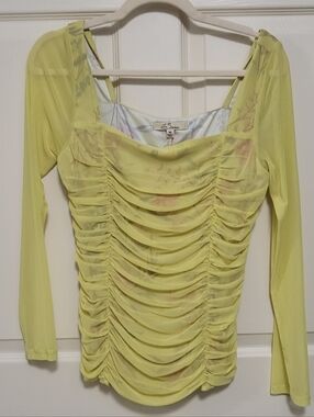 Sheer Ruched Long Sleeve Top - Yellow